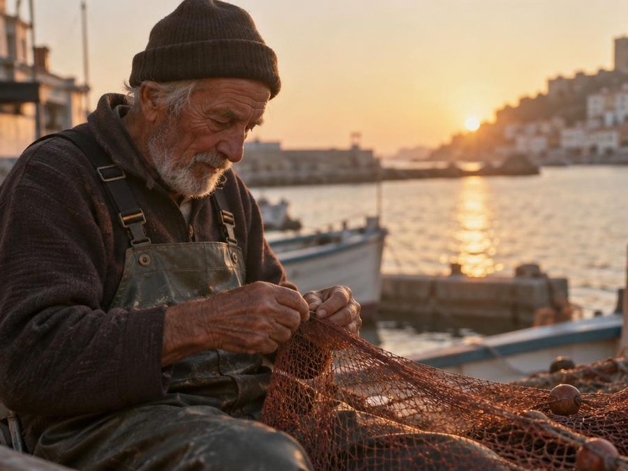 An elderly fisherman mending a net at golden hour